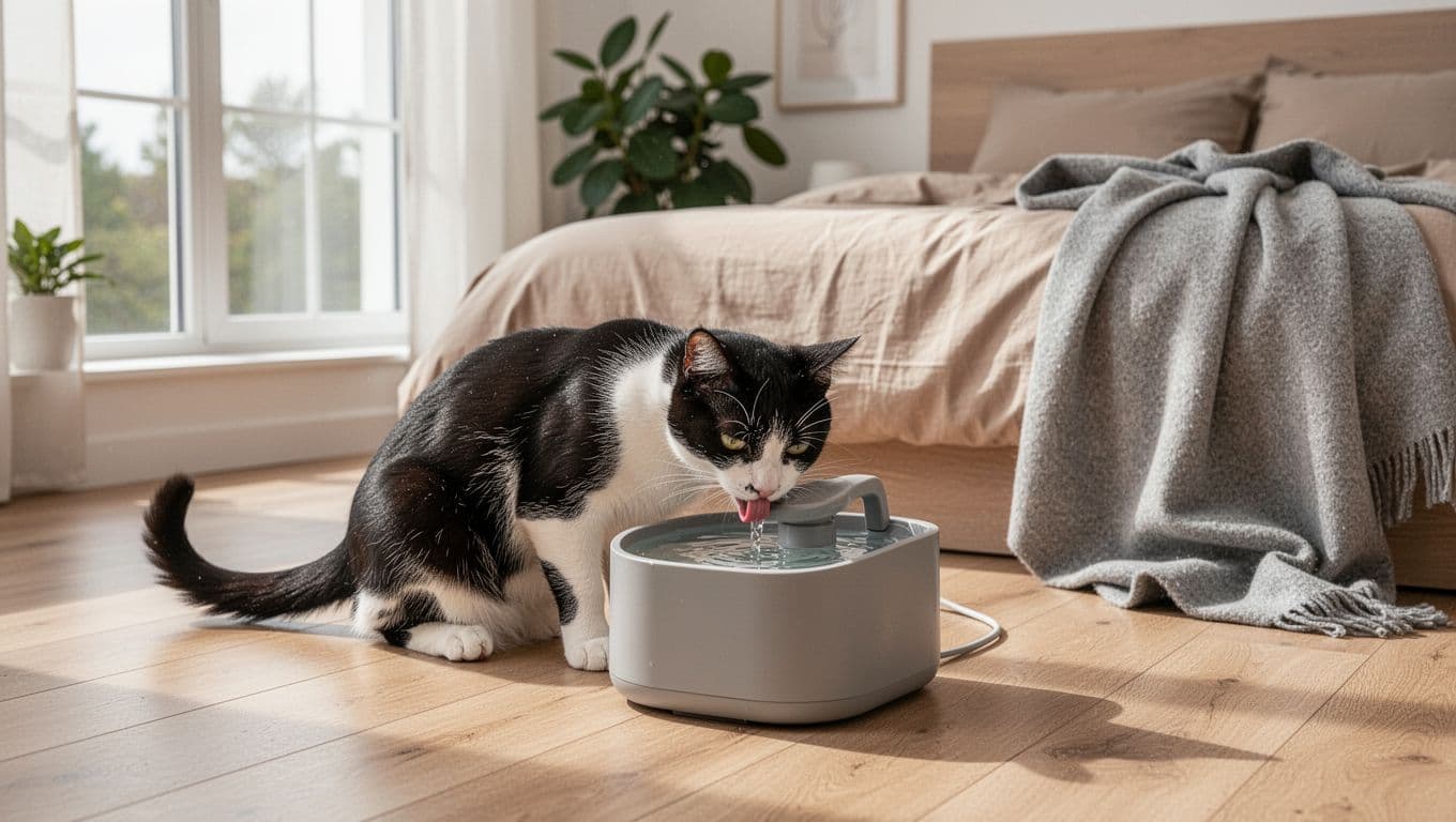 A single elegant black and white cat with glossy fur drinks from a modern cat water fountain on the light wood floor of a cozy Scandinavian bedroom. The minimalist space features beige bedding, a large window with natural daylight, potted green plant, and soft grey blanket, creating a warm inviting atmosphere with soft depth of field.