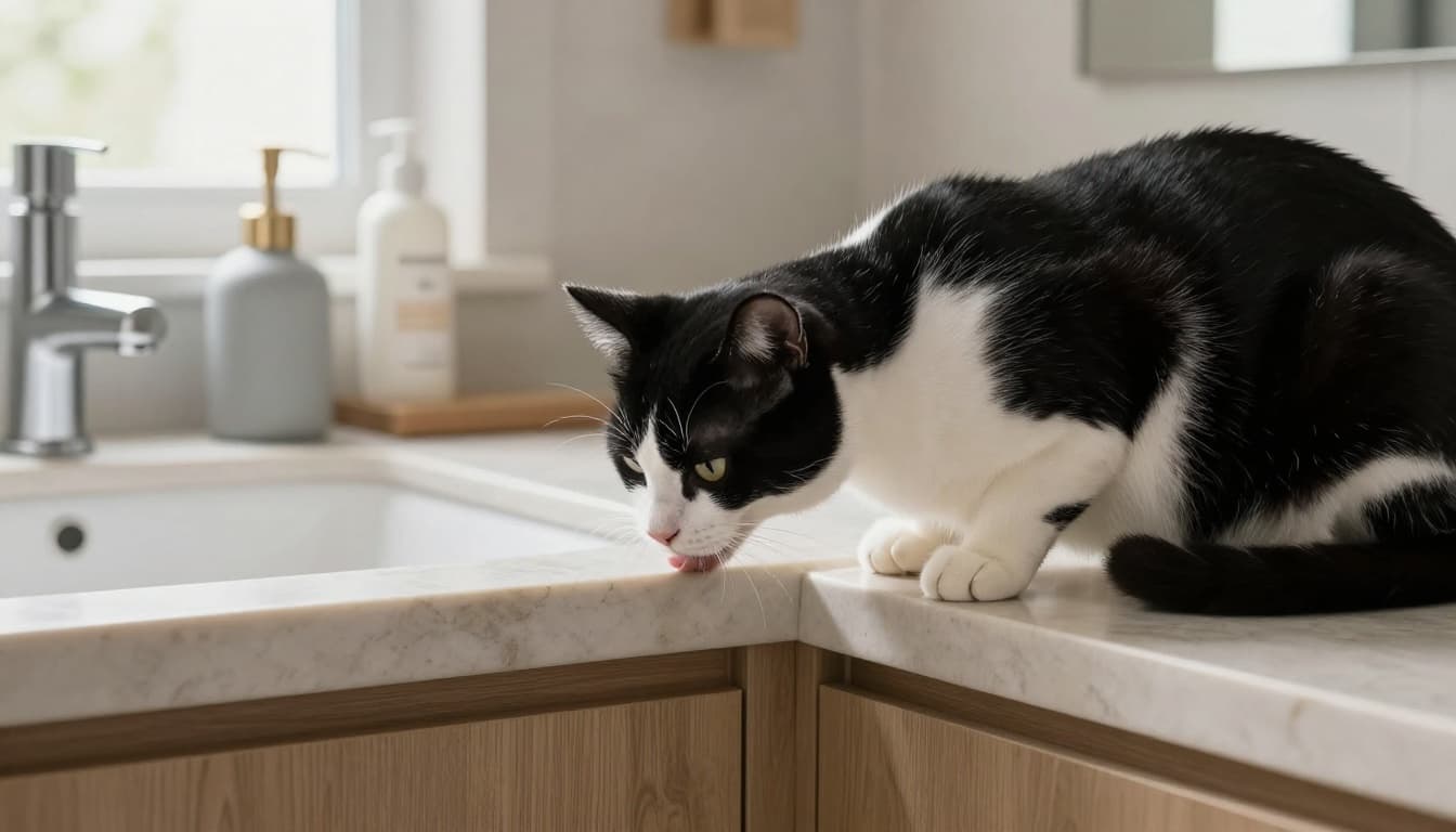 An elegant black and white cat sniffs and rubs its cheek on a modern Scandinavian bathroom sink, surrounded by light wood cabinetry and beige marble countertop in bright natural light.