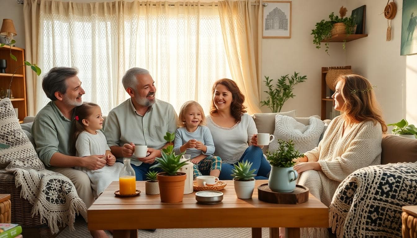 Famille recomposée souriante dans un salon bohème, tous autour d’une table basse, ambiance paisible