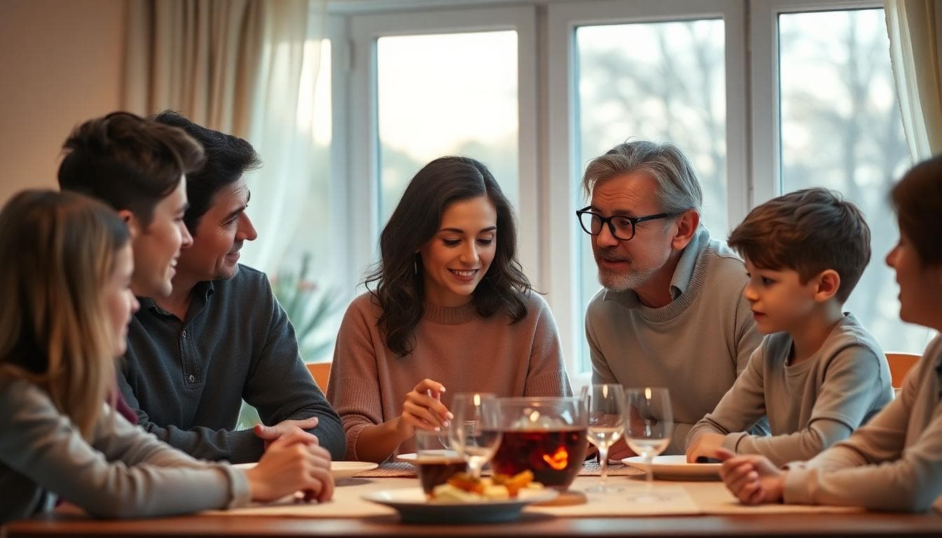 Famille recomposée autour d’une table, échange bienveillant entre partenaires et enfants, ambiance douce du soir