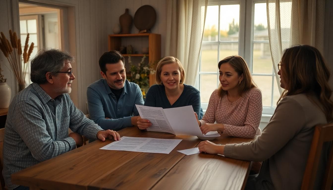Famille recomposée, ambiance chaleureuse, échange serein sur des questions patrimoniales à la maison