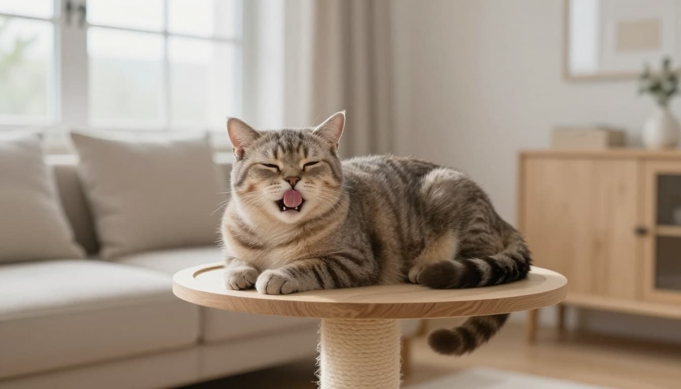 A relaxed short-haired cat lies curled up on a stylish wooden cat tree platform in a bright Scandinavian living room, with a cute 'blep' expression and half-closed eyes.