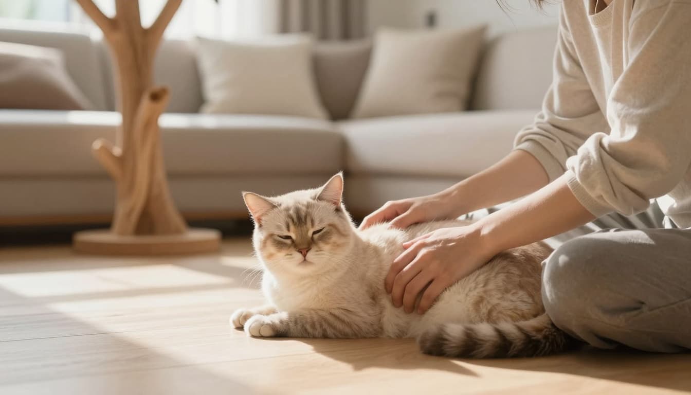 A relaxed cat curls contentedly on a person's lap, eyes half-closed in ecstasy while being gently petted, set in a bright modern Scandinavian living room with light wood, beige cushions, and a stylish Meowood cat tree.