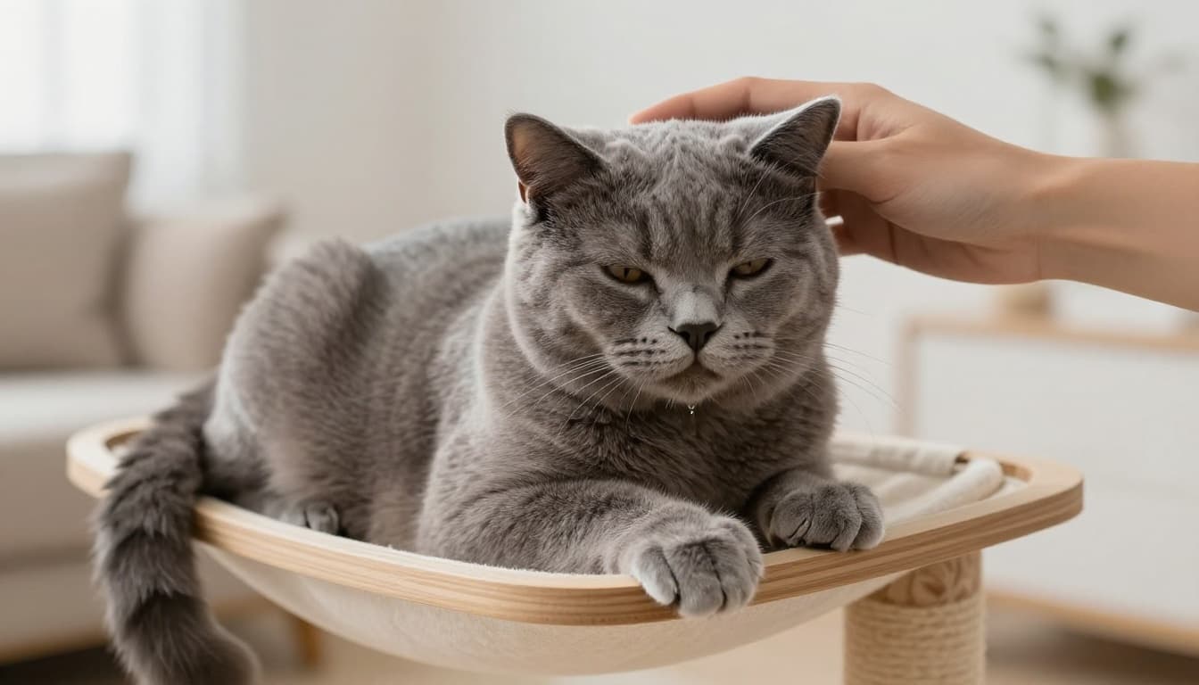 Close-up of a relaxed gray shorthair cat in pure bliss on a premium light wood cat tree hammock in a cozy Scandinavian living room with bright natural light and minimalist beige decor.