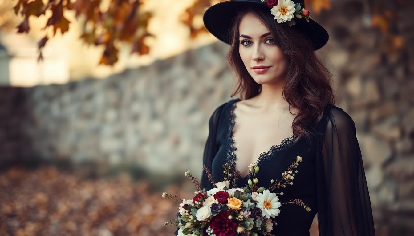 Une invitée à un mariage thématique bohème en automne, portant une robe noire vintage mixée avec des éléments naturels comme des fleurs et des tissus fluides, scène en extérieur avec feuilles d'automne, ambiance chaleureuse et élégante