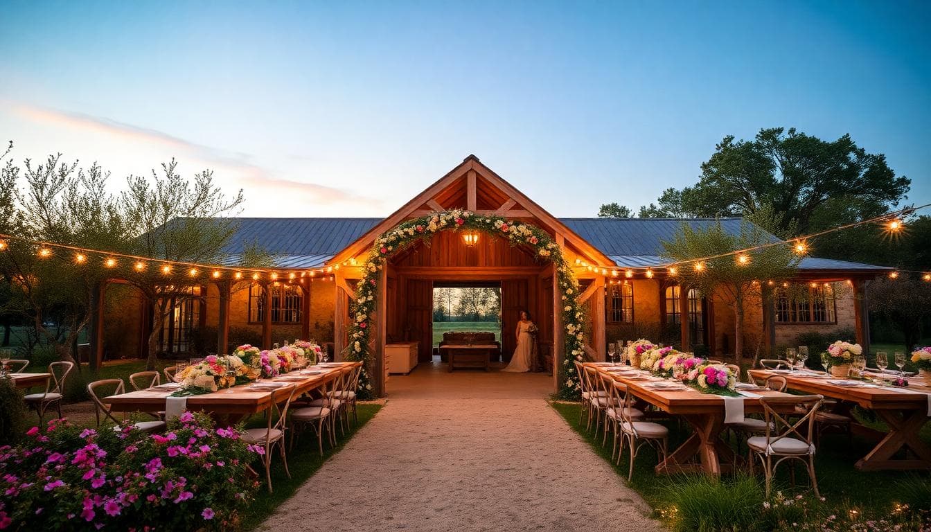 Grange rénovée au coucher du soleil avec déco bohème, guirlandes et tables en bois