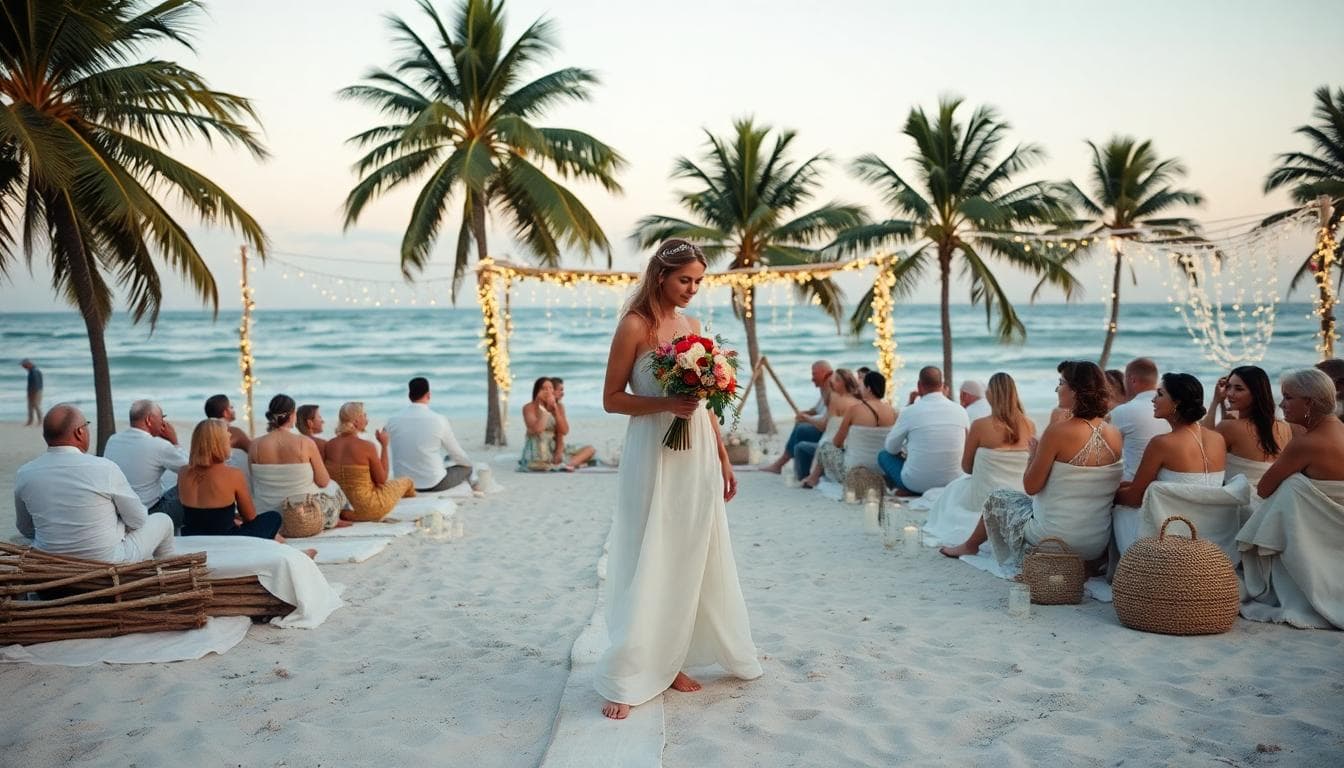 Mariage bohème sur la plage avec bois flotté, coquillages et nappes en lin, mariée pieds nus
