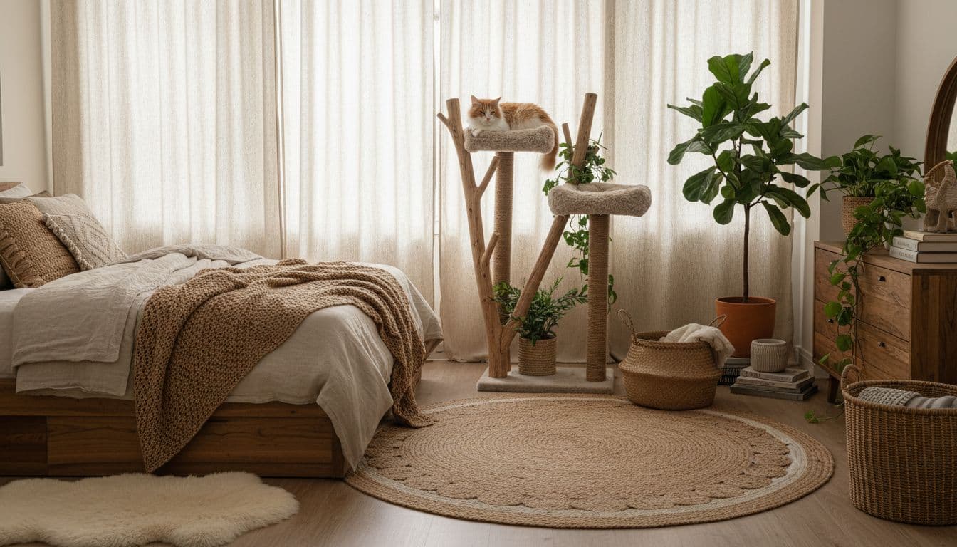 Premium lifestyle photography in a cozy bohemian bedroom with warm natural light, featuring a raw wood cat tree where a content cat lounges amid natural elements like rattan baskets, potted plants, and earthy textiles.