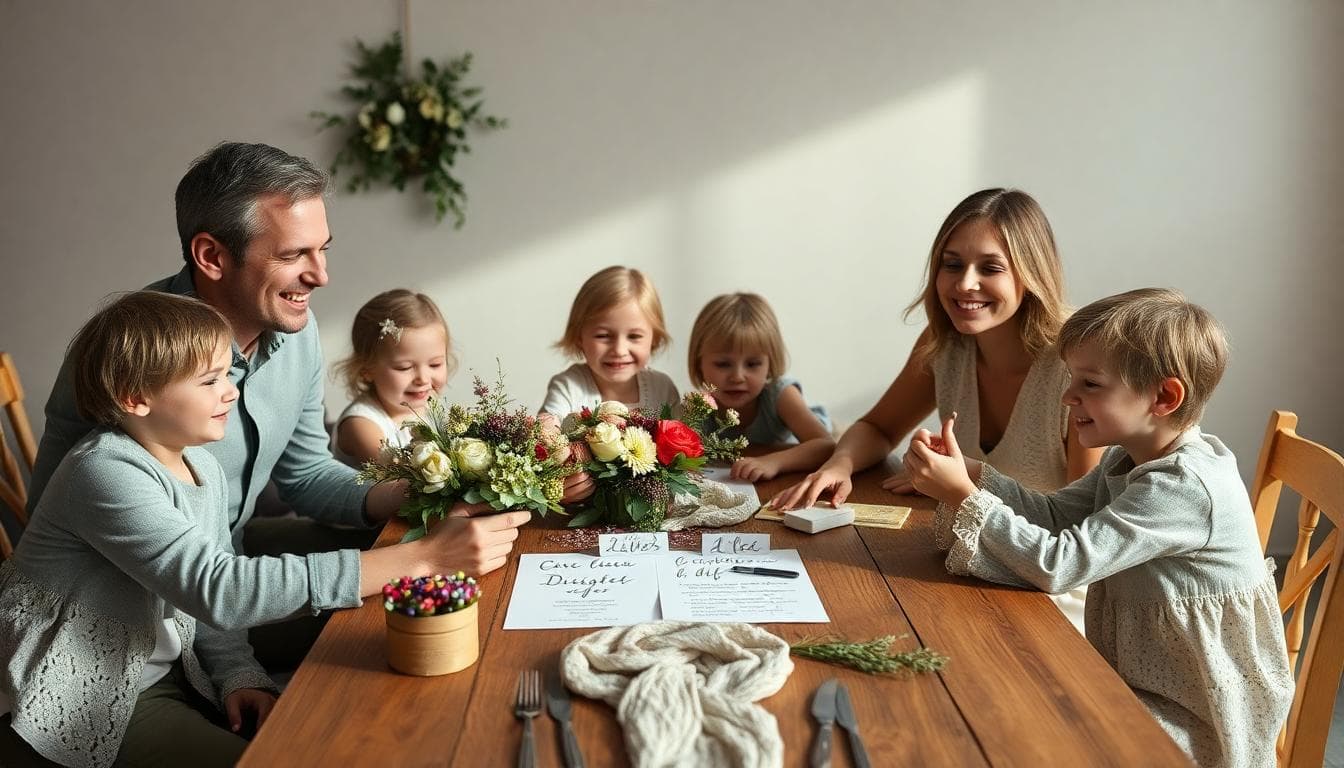 Famille recomposée bohème préparant un faire-part de mariage ensemble autour d’une table, ambiance chaleureuse et joyeuse