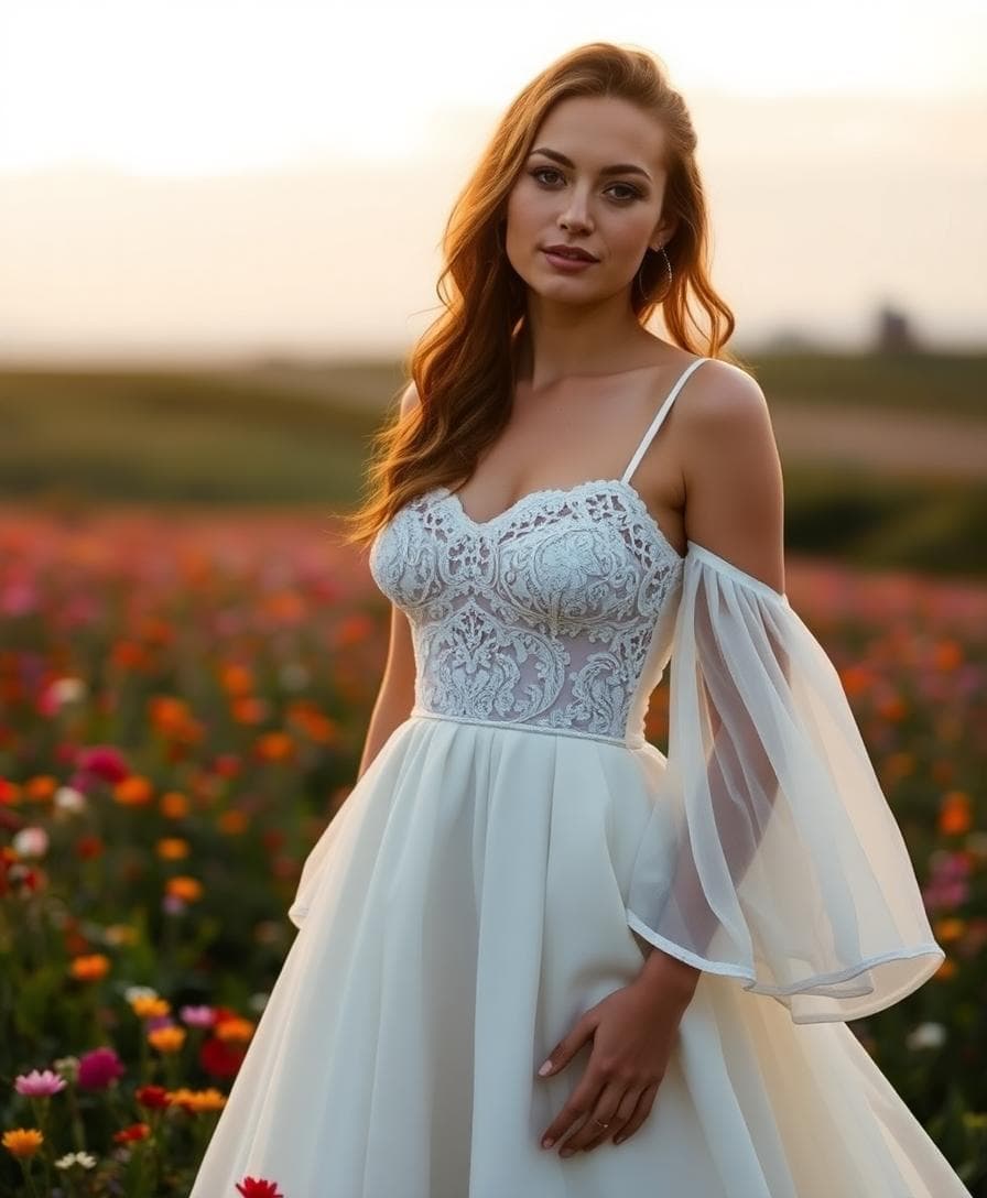 Mariée bohème silhouette en A, bustier travaillé, fines bretelles, col bateau, manches romantiques et jupe évasée au coucher du soleil