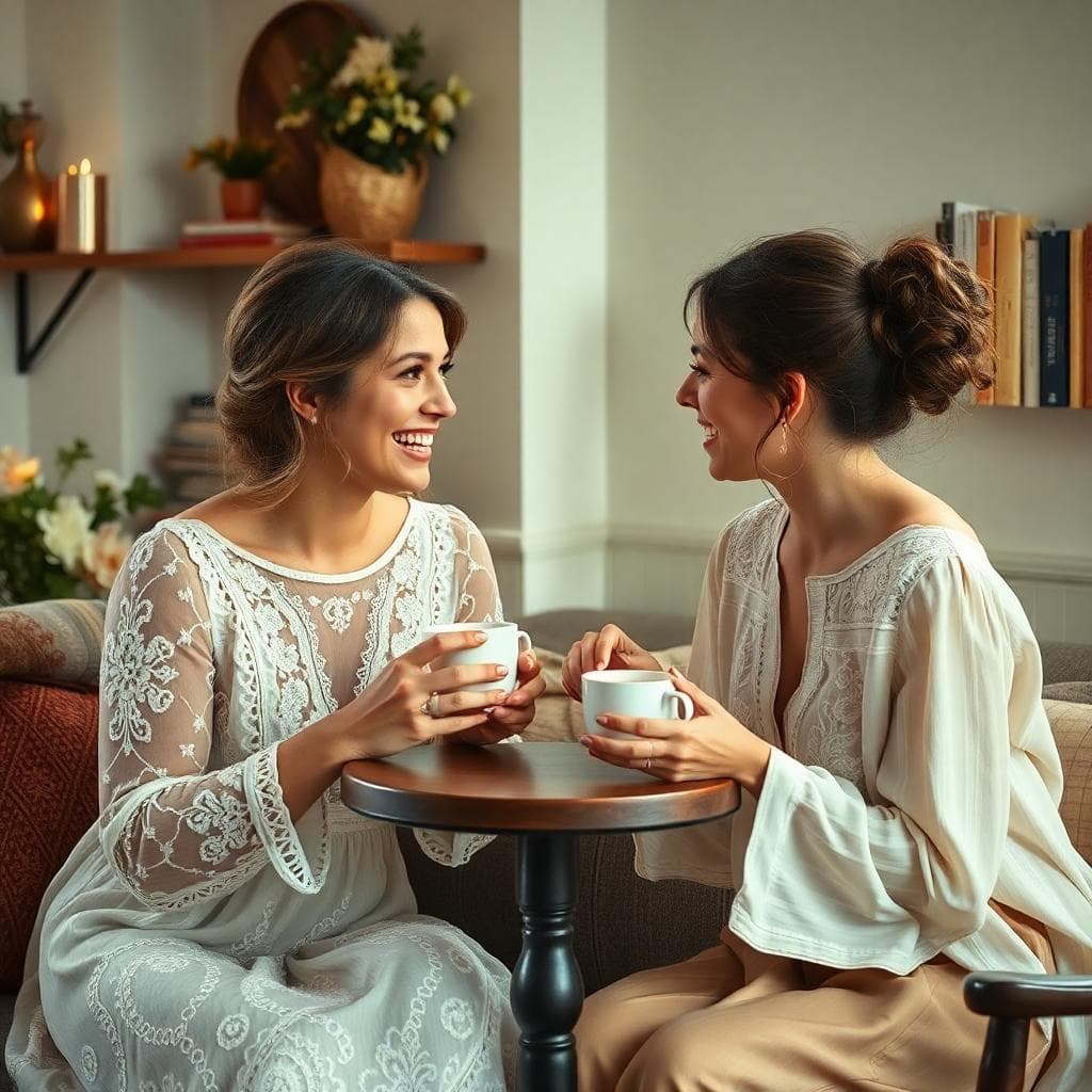 Scène cosy d’une mariée bohème qui demande à une amie d’être témoin lors d’un café, ambiance intime et chaleureuse
