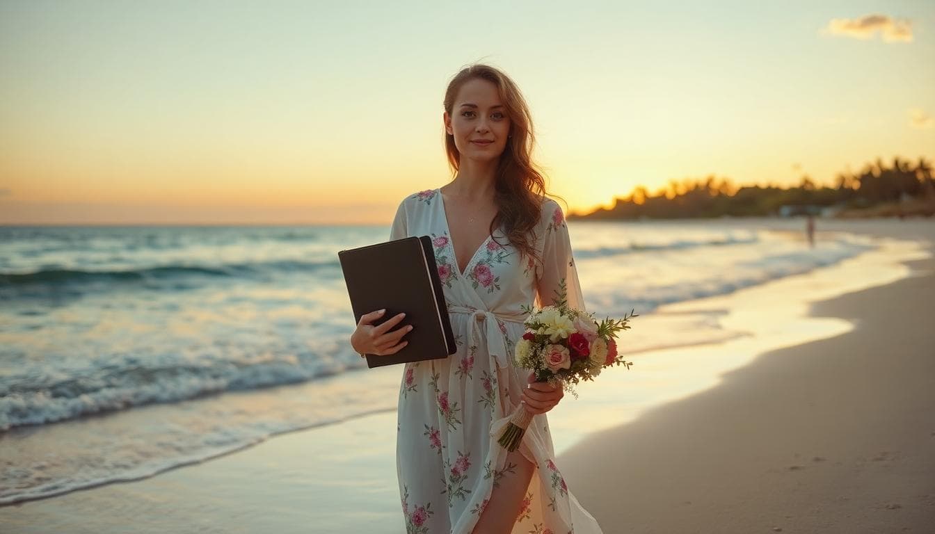 Future mariée bohème sur une plage au coucher du soleil, tenant un dossier de documents médicaux et un bouquet de fleurs sauvages, ambiance romantique de voyage