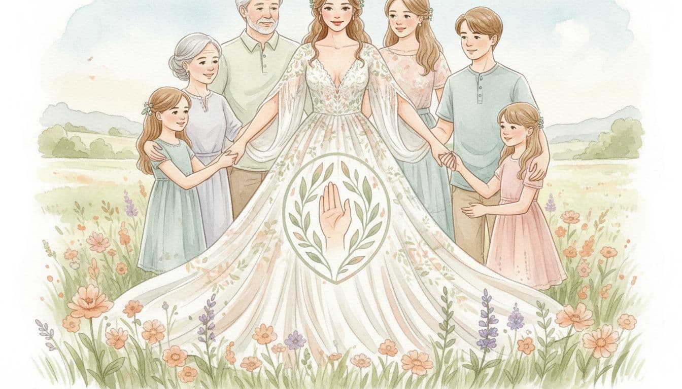 Illustration d’une future mariée bohème entourée de sa famille recomposée dans un décor champêtre, symbole de protection et d’unité. Image created with AI