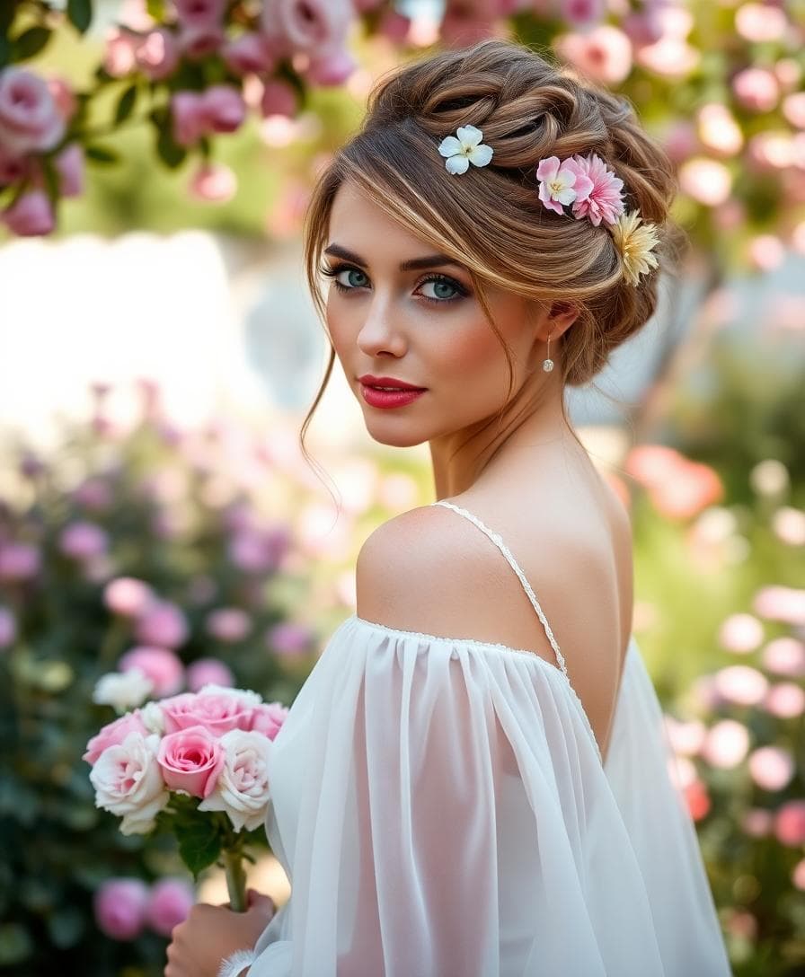 Une mariée bohème avec une coiffure tressée ornée de fleurs et un maquillage naturel glow, posant dans un jardin fleuri