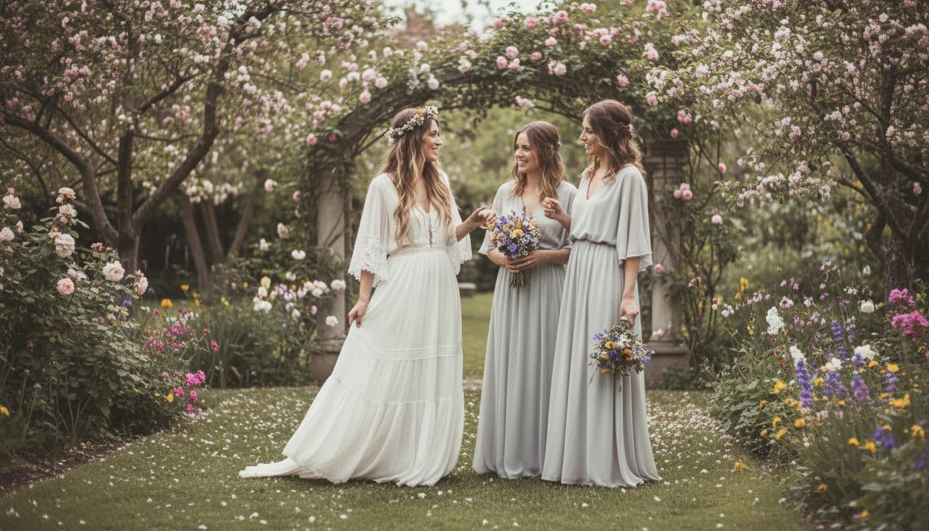 Mariée bohème discutant avec ses témoins dans un jardin fleuri, lumière douce et ambiance romantique