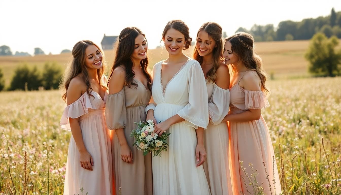 Mariée bohème et demoiselles d’honneur complices dans un décor champêtre, moment de préparation et rires. Image created with AI