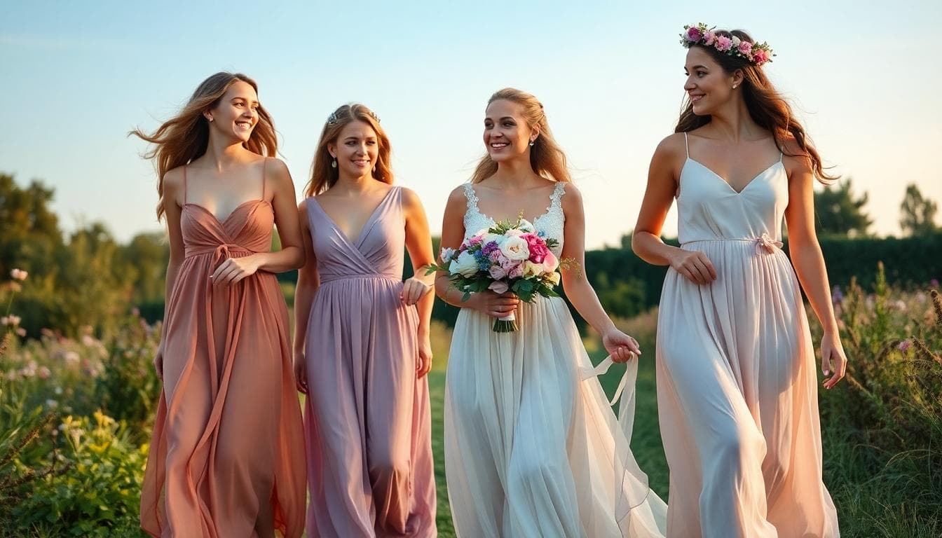Mariée bohème entourée de demoiselles d'honneur dans un cadre champêtre en France, lumière dorée et ambiance poétique. Image created with AI