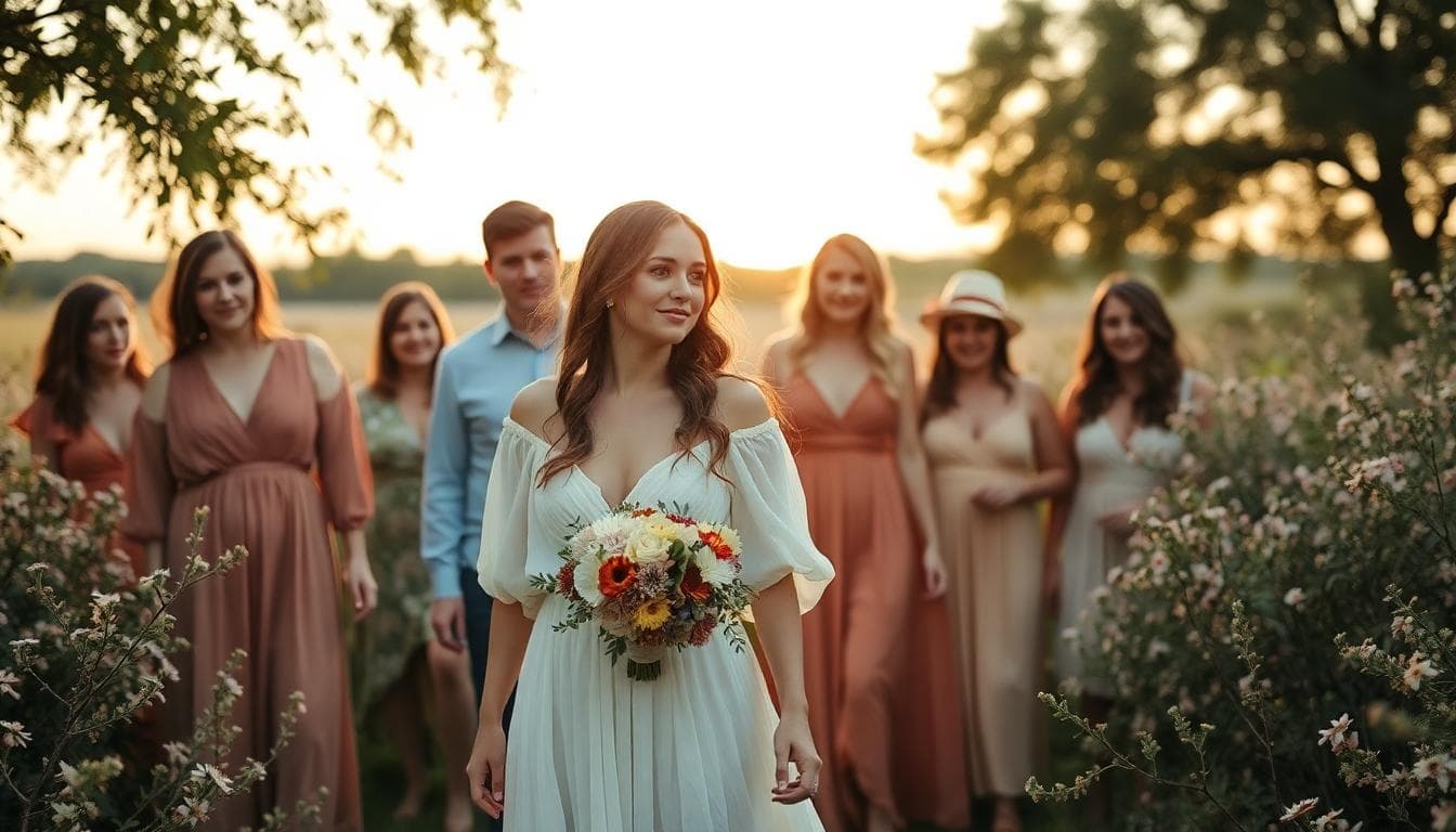 Mariée bohème en robe fluide avec ses témoins en palette douce dans un champ au soleil couchant