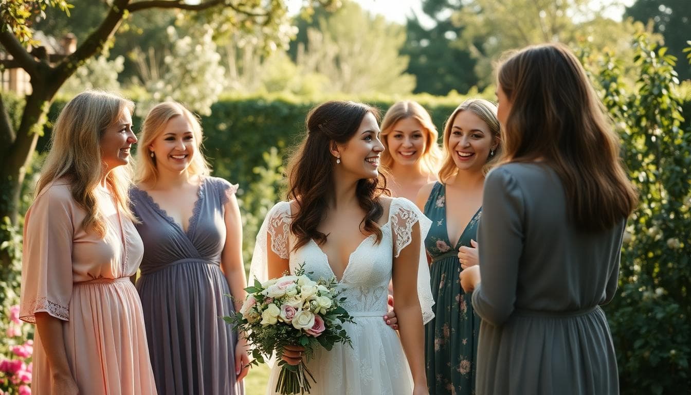 Mariée bohème entourée de ses témoins, en train de préparer des détails du mariage dans un jardin fleuri, ambiance douce et complice, lumière naturelle