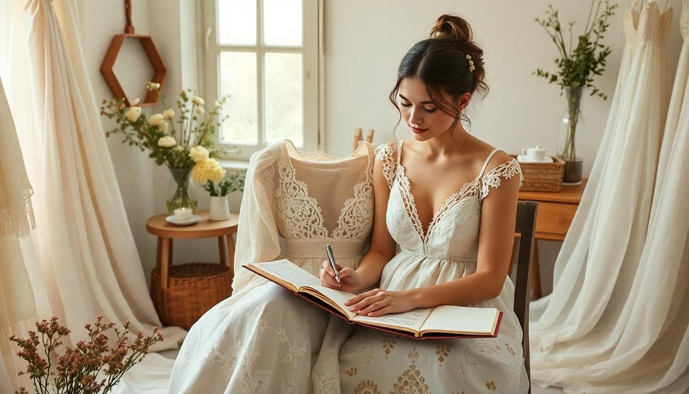 Future mariée bohème planifiant son budget dans un atelier cosy, carnet ouvert, tissus en dentelle et mousseline, ambiance chaleureuse