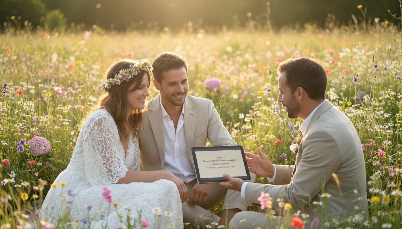 Mariée bohème discutant d’un devis avec un photographe dans un jardin fleuri, ambiance douce et naturelle
