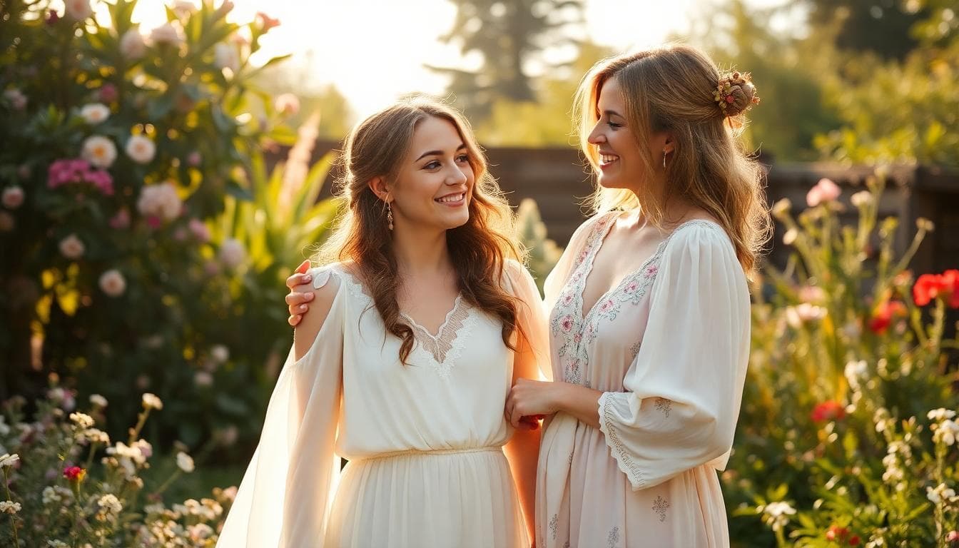 Future mariée bohème discutant avec son amie proche dans un jardin fleuri, lumière douce et ambiance intime