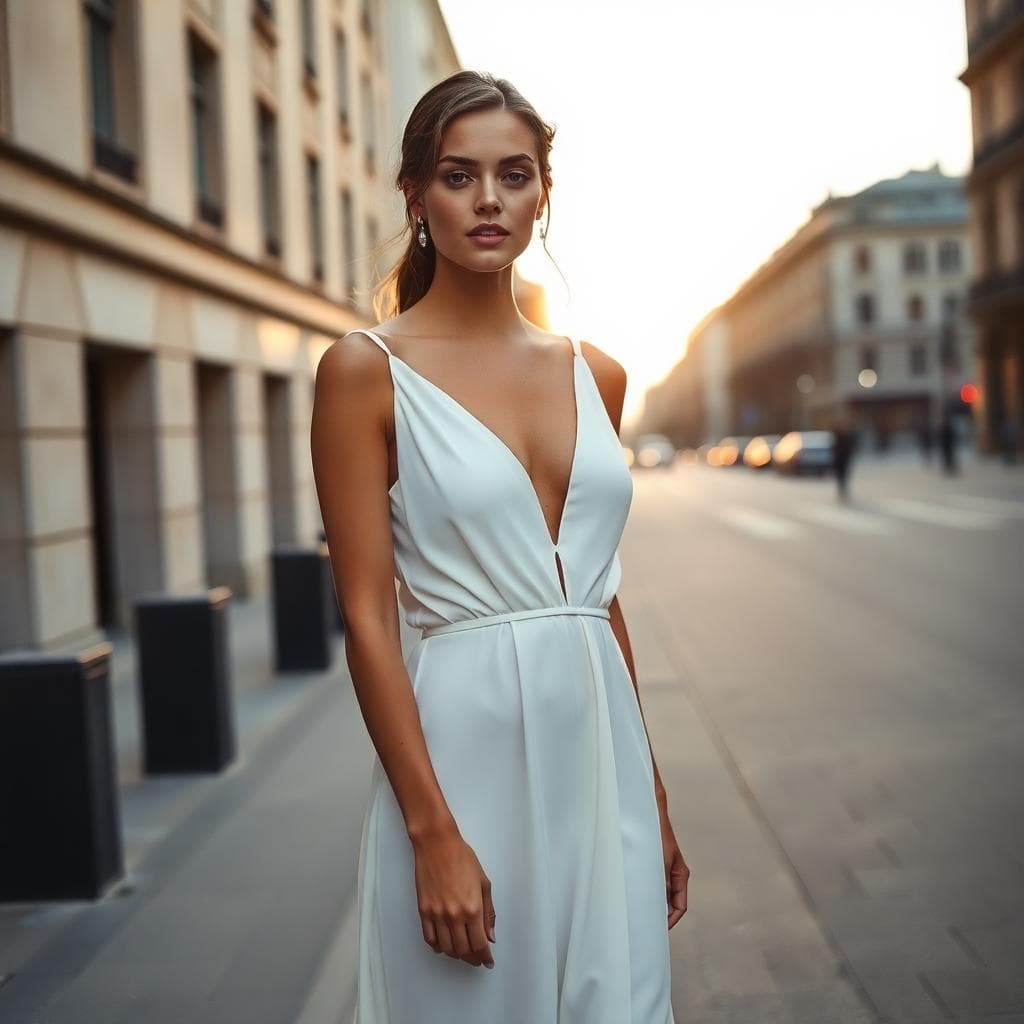 Mariée bohème chic dans un décor urbain minimaliste au lever du soleil, robe épurée en soie avec décolleté en V et perles discrètes