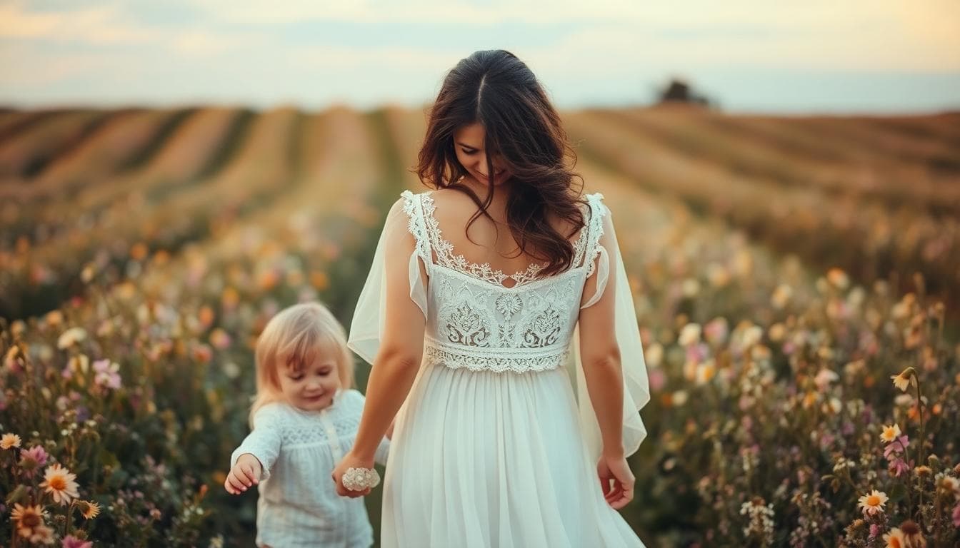 Mariée bohème avec un enfant dans un champ fleuri au crépuscule, ambiance douce et familiale