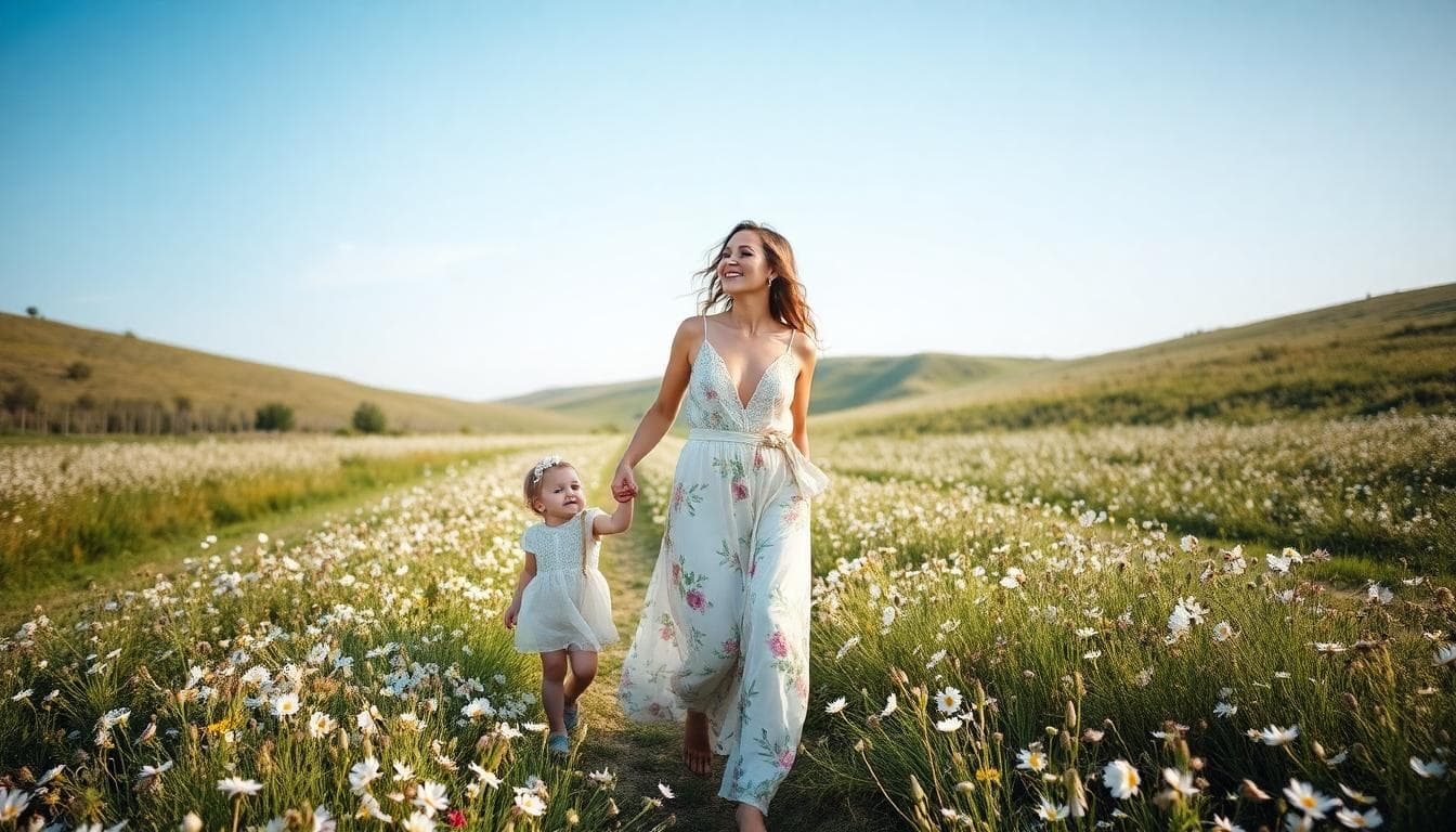 Mariée bohème tenant la main d’un enfant dans un champ fleuri, ambiance douce et lumineuse