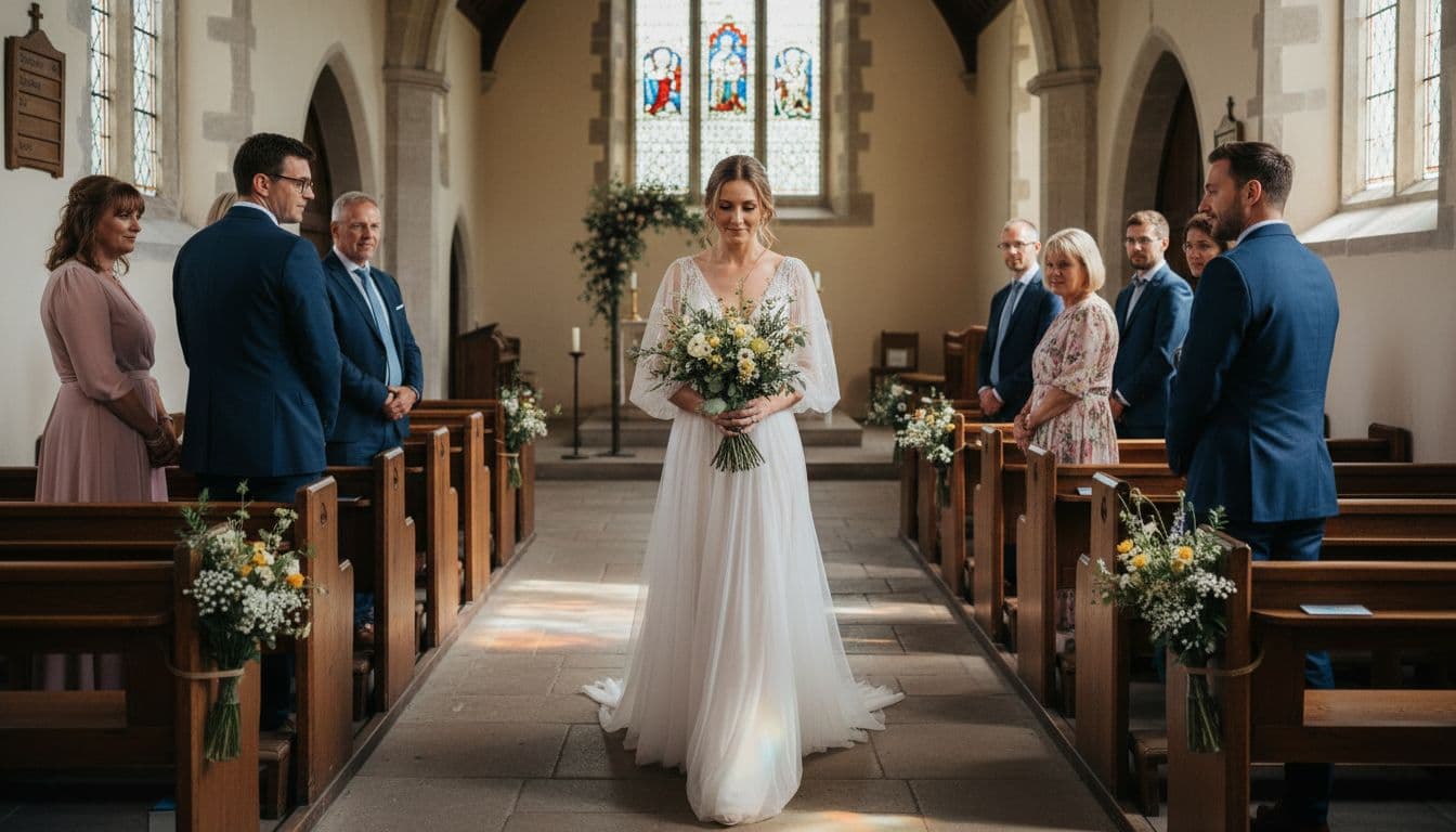 Mariée bohème avançant dans l’allée d’une église calme, lumière douce et ambiance intime, quelques invités proches, décor floral simple