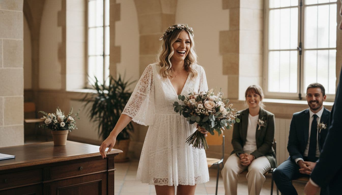 Deux temps pour une mariée bohème, mairie intime puis église plus tard, ambiance chaude et chic