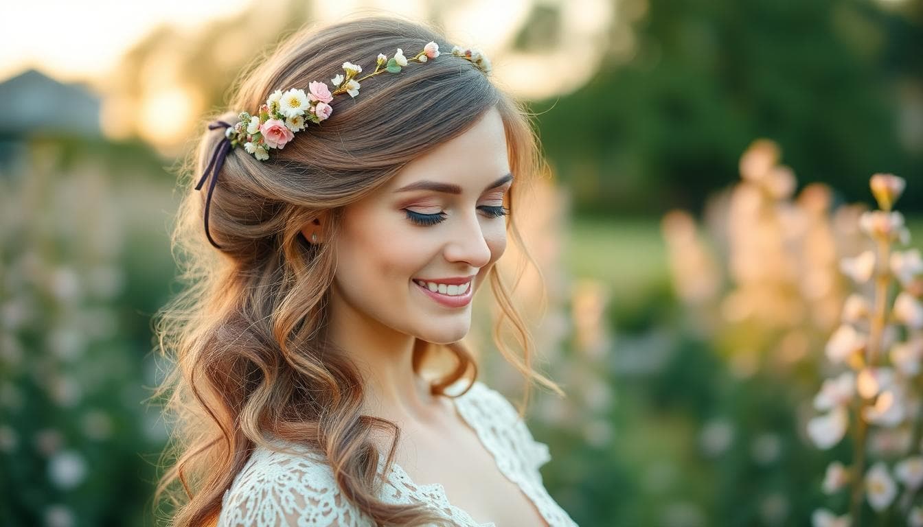 Mariée bohème avec accessoires cheveux légers, fleurs séchées, voile sous chignon, headband, et épingles perles