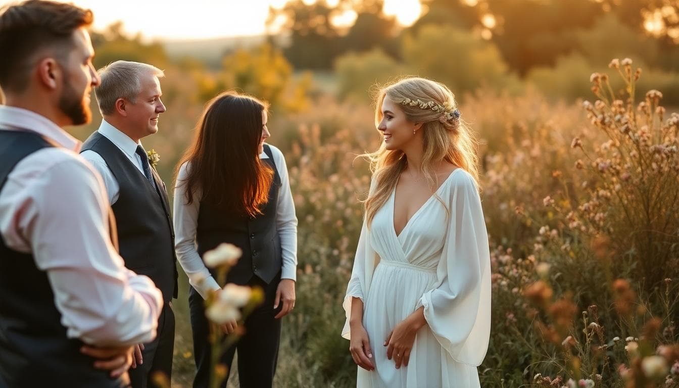Une mariée bohème en robe fluide discutant avec des prestataires de mariage dans un cadre naturel en extérieur, ambiance détendue avec fleurs sauvages et lumière douce du soleil couchant