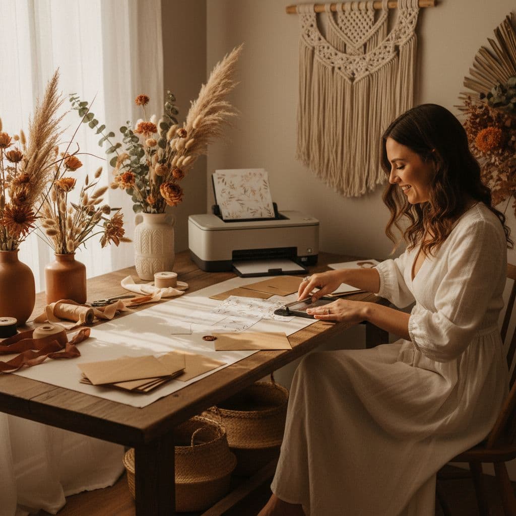 Mariée bohème imprimant ses faire-part à la maison, avec outils et papier texturé