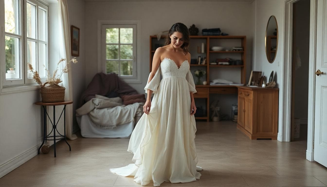 Une mariée bohème à la maison avec ourlet inégal, doublure qui dépasse et dentelle tirée, une amie pointe les erreurs à la craie