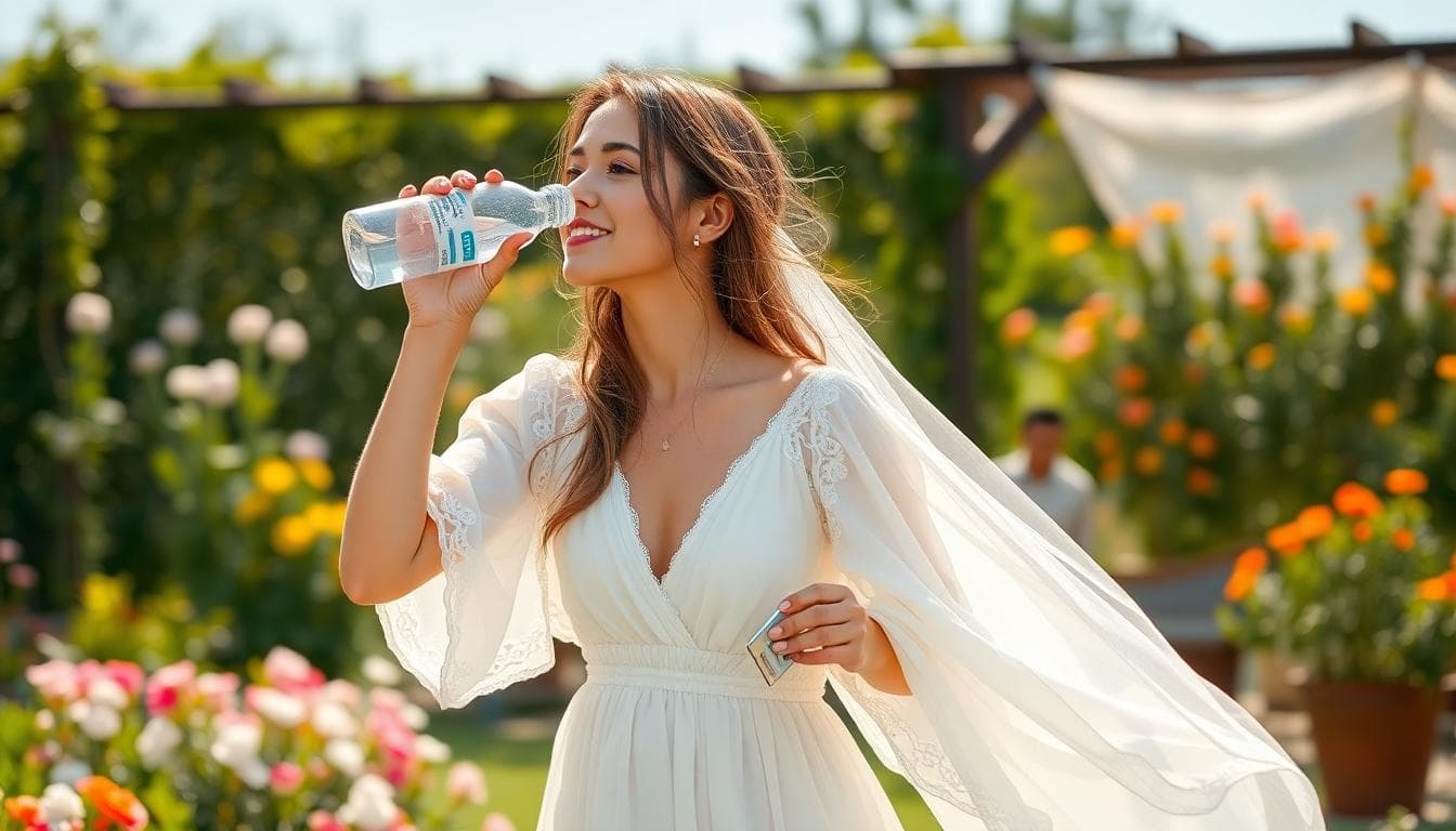 Mariée bohème en robe légère buvant de l’eau, tenant un petit kit santé, dans un jardin ensoleillé