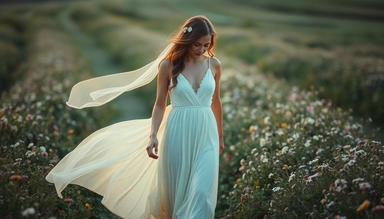 Mariée bohème marchant au crépuscule dans un champ fleuri, ambiance douce et romantique, lumière dorée, style naturel