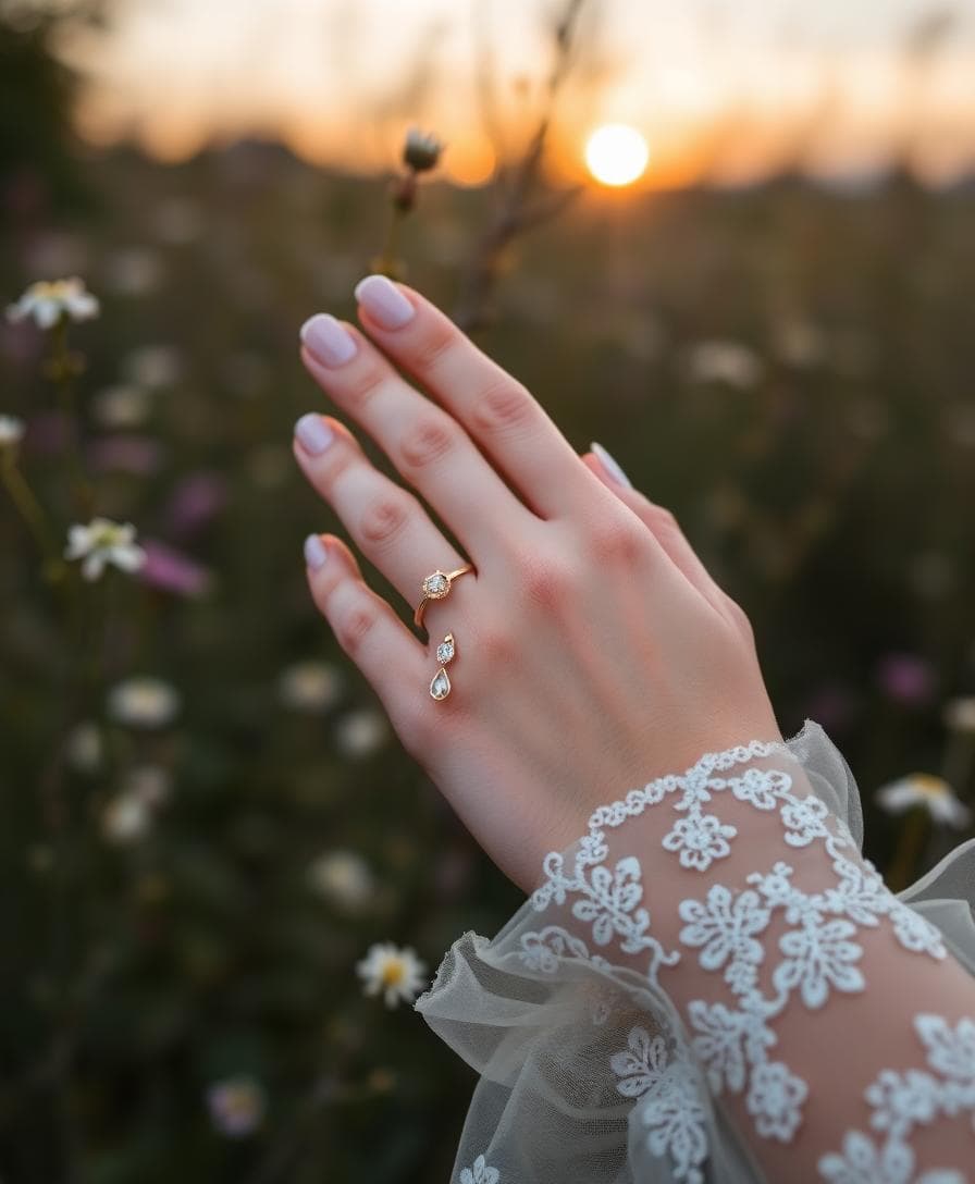Main de mariée portant une alliance en or à l’annulaire gauche, ambiance bohème au coucher du soleil, fleurs sauvages en arrière-plan
