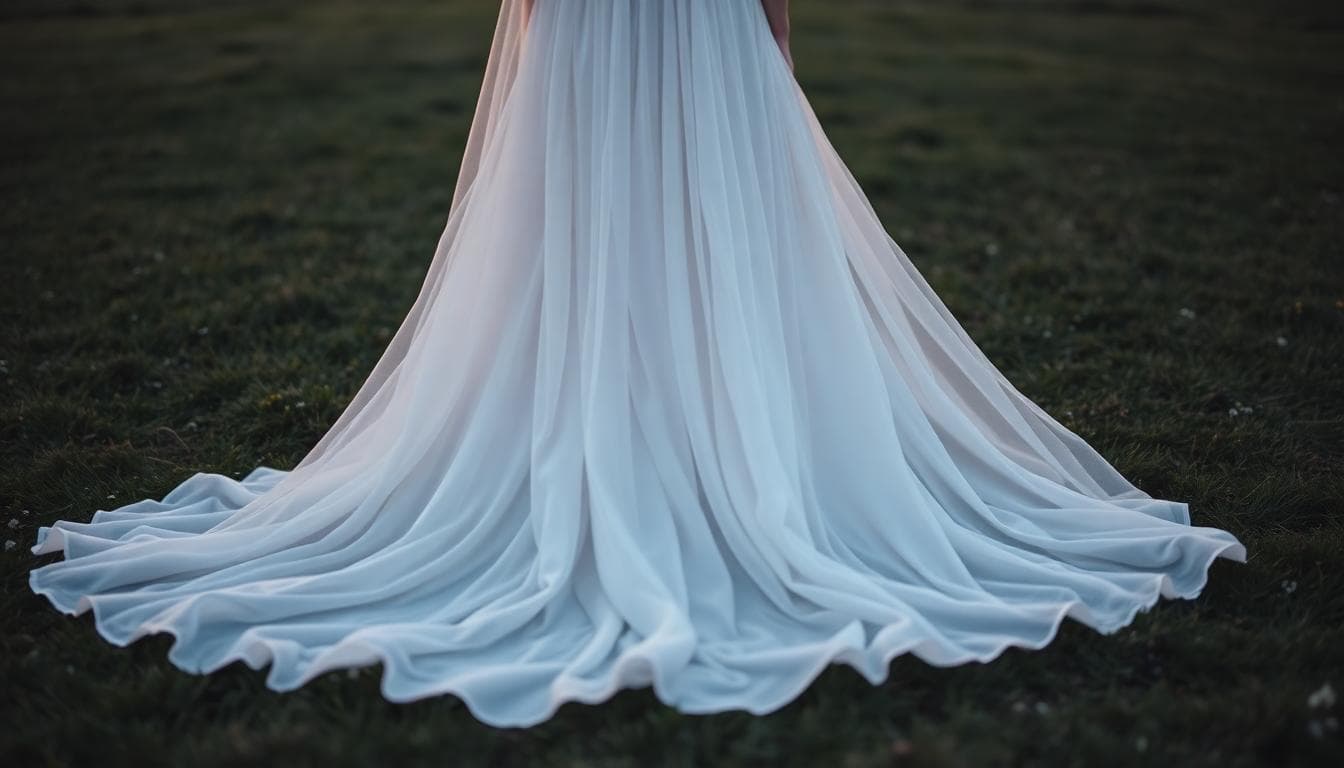 Mariée bohème de dos, traîne ajustée avec une courbe douce et régulière, lumière dorée sur herbe, tombé fluide et harmonieux