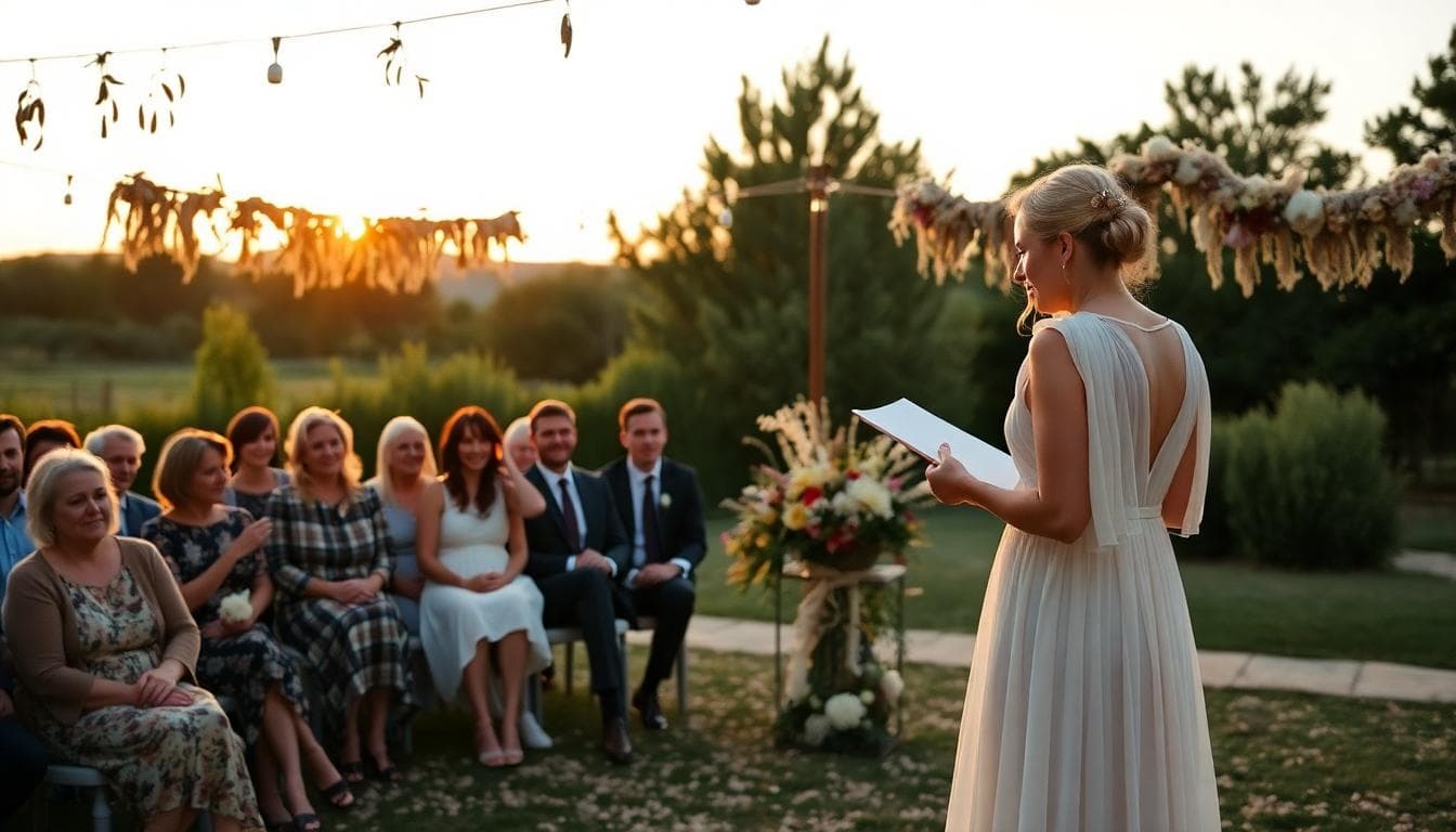 Mariée bohème prononçant un discours émouvant au coucher du soleil, invités attentifs, ambiance champêtre et guirlandes florales