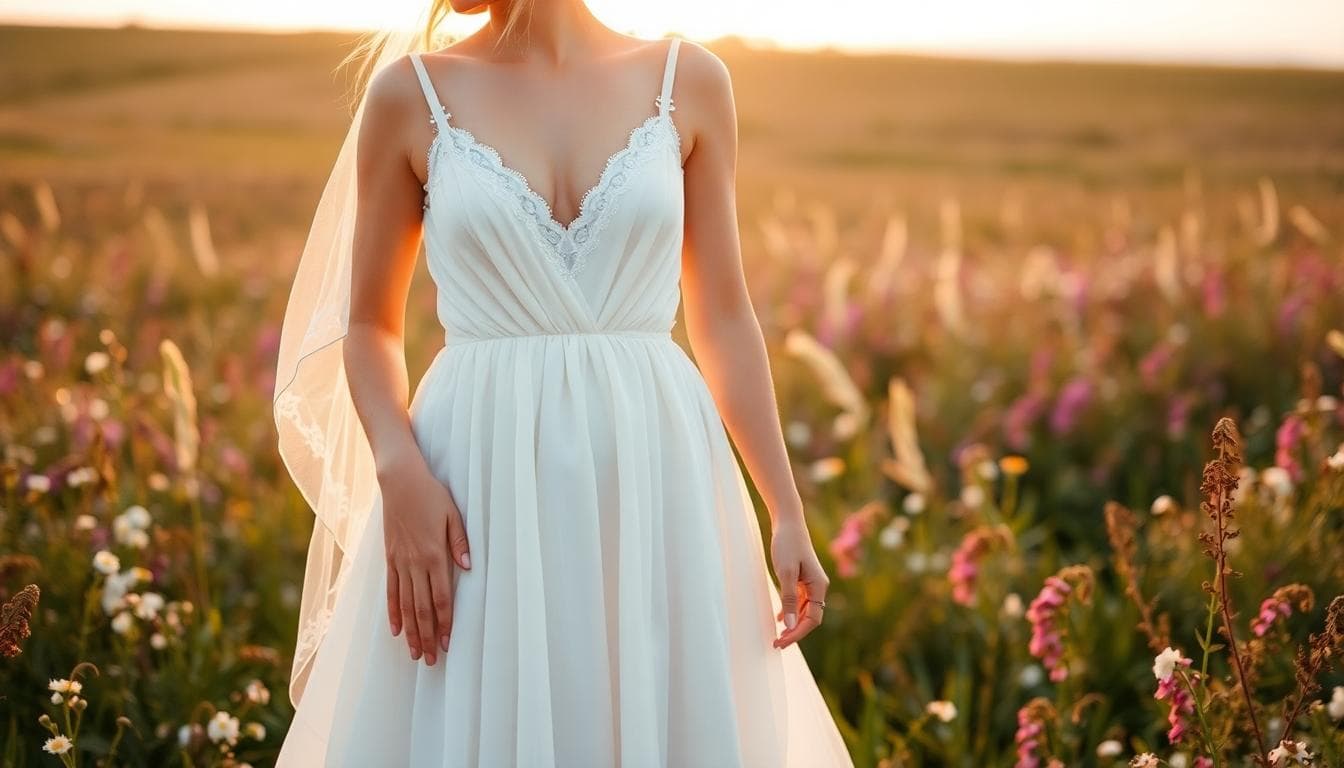 Mariée en silhouette H, taille empire fluide, décolleté en V et dos nu, buste froncé, au lever du soleil