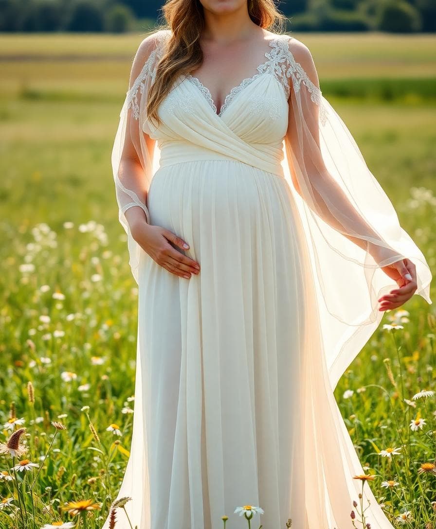 Mariée bohème à la taille empire, drapés doux au buste et panneaux lisses devant, dans un pré ensoleillé