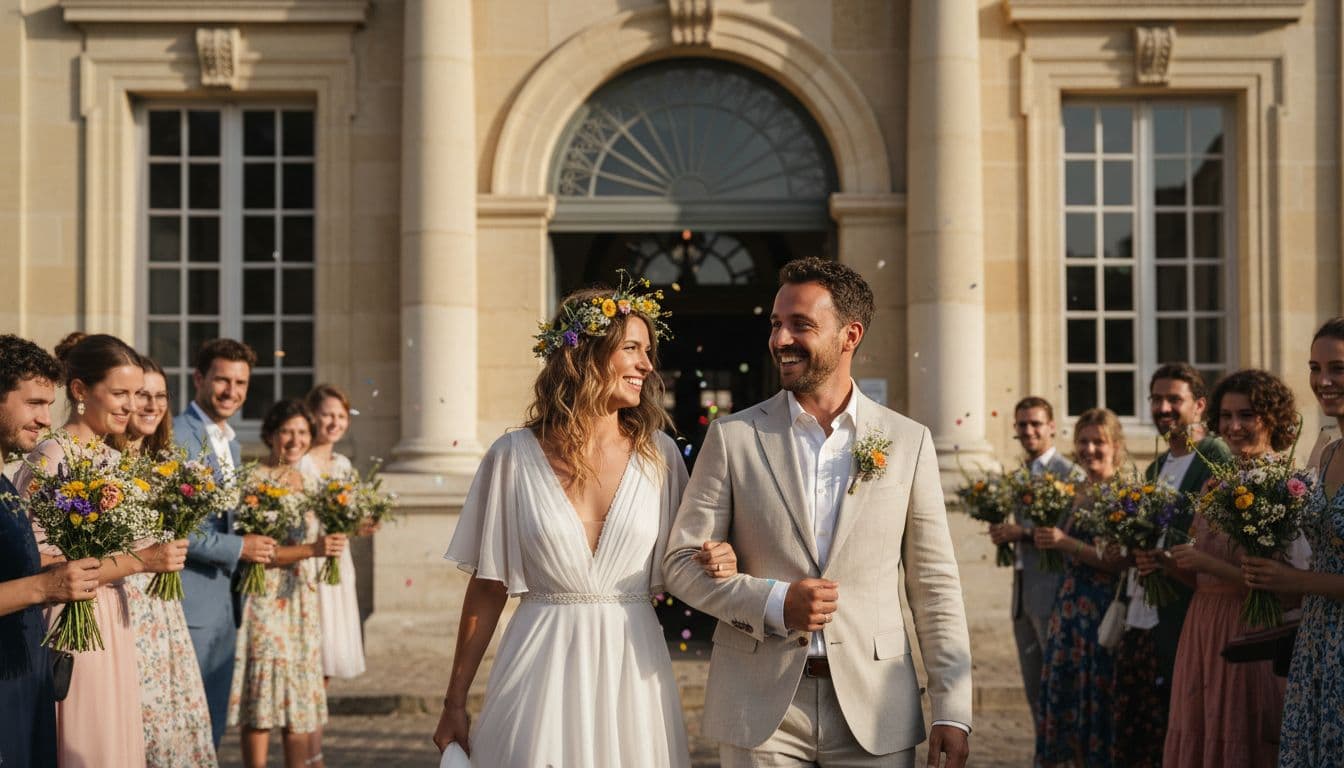 Mariée bohème entrant à la mairie avec son futur mari, ambiance lumineuse et joyeuse