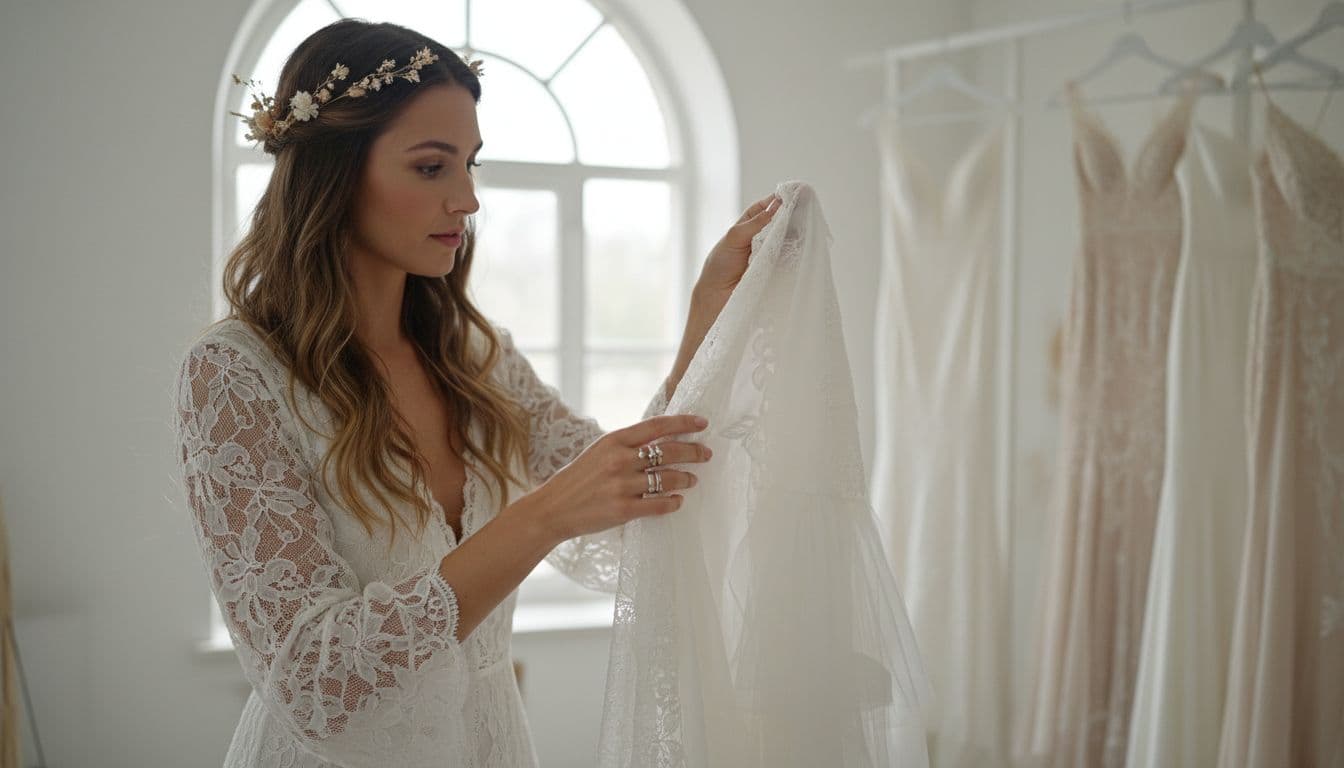 Mariée bohème examinant des échantillons de dentelle, mousseline, tulle et crêpe dans un atelier lumineux