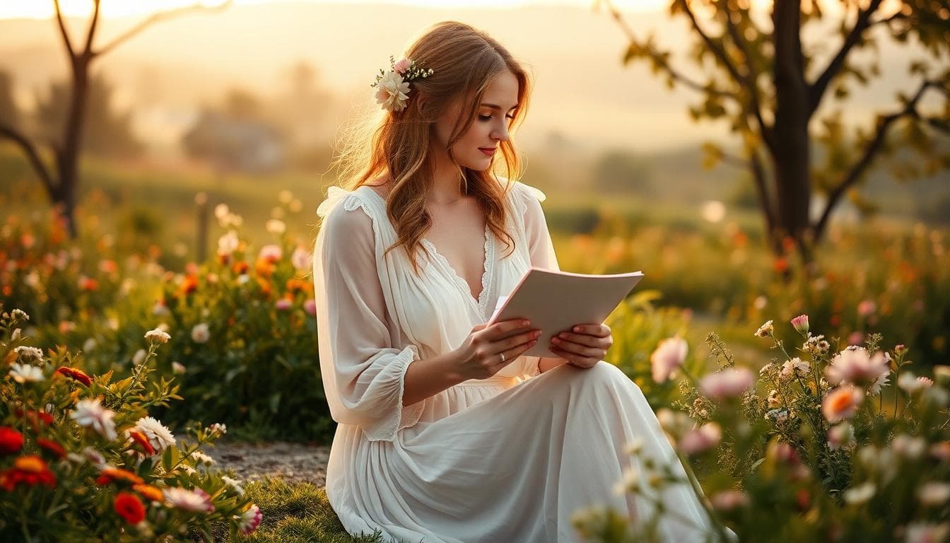 Future mariée bohème lisant un contrat dans un jardin fleuri, ambiance douce et naturelle