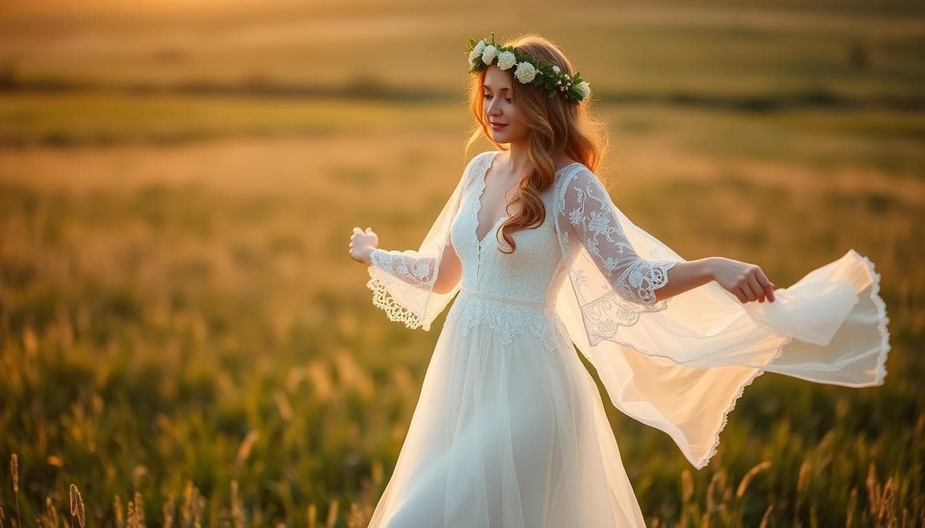 Mariée bohème en juin avec manches 3/4, cape légère, couronne de fleurs et jupon fluide au coucher du soleil