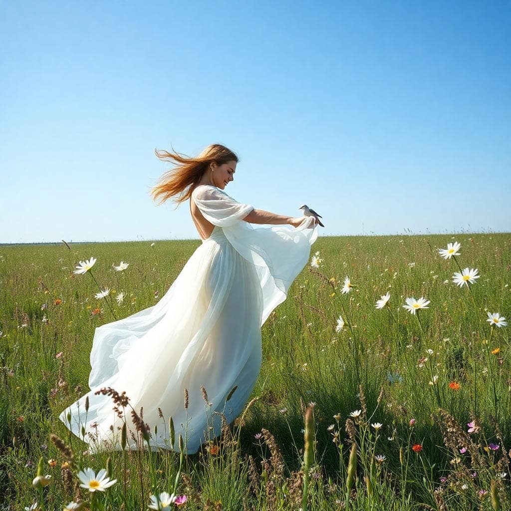 Mariée bohème dans un champ de fleurs sauvages, robe aérienne qui flotte au vent, ambiance naturelle et joyeuse