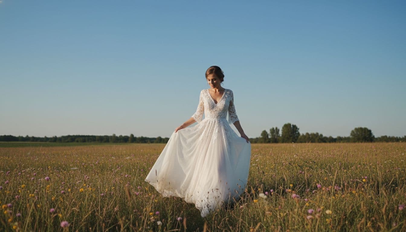 Mariée bohème en robe fluide en dentelle légère dans un champ de fleurs sauvages, ambiance poétique. Image created with AI