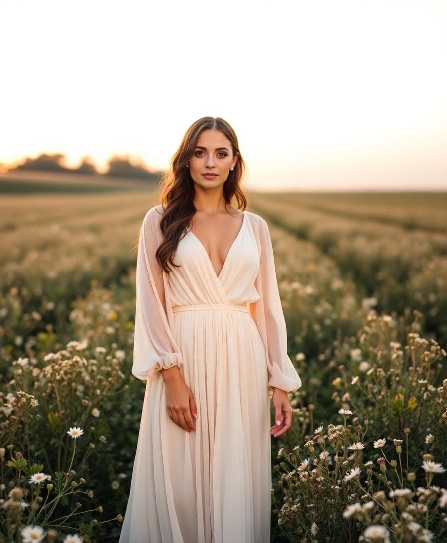 Mariée bohème fluide avec décolleté en V, ceinture ruban et manches aériennes, dans un champ au coucher du soleil