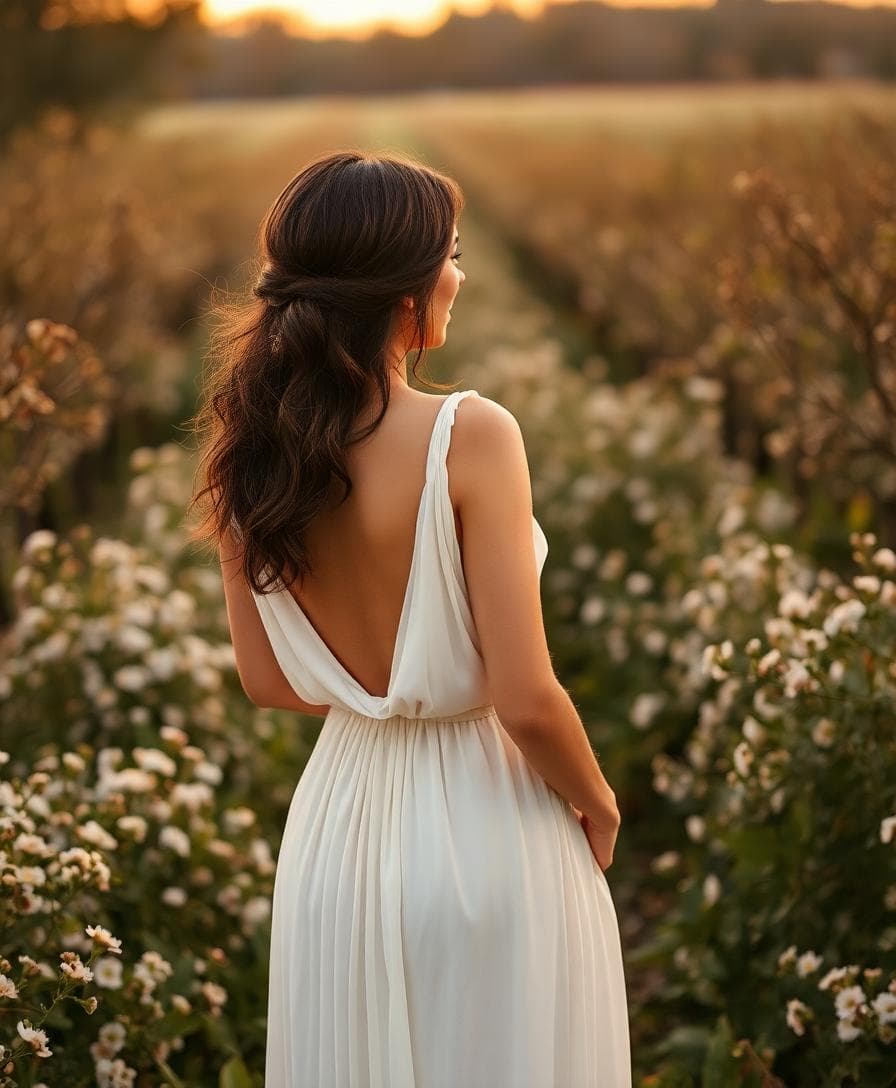 Mariée bohème en robe fluide en mousseline, découpes légères à la taille, plis subtils, ambiance romantique au crépuscule